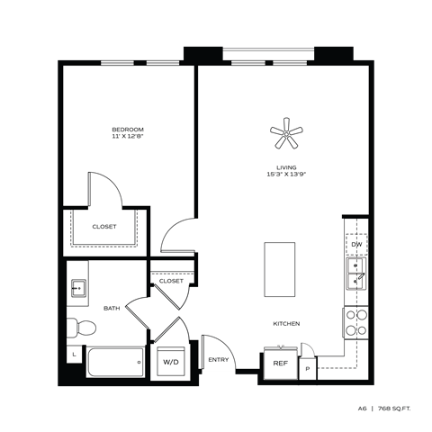 Floor plan for 1 bed, 1 bath, 768 sqft